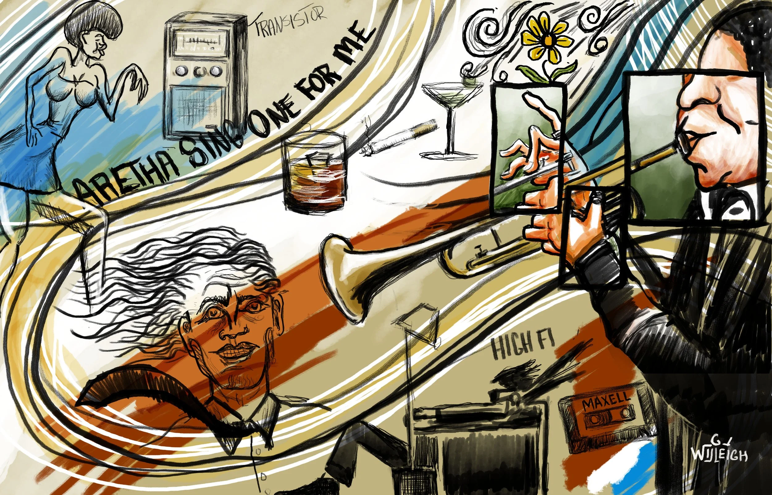 A colorful, abstract illustration featuring various musical elements like a person with a trumpet, a woman singing, a microphone, a cassette tape labeled "MAXELL," and musical notes. Handwritten text includes "AUDIOPHA SONG FOR ME" and "HIGH F." The 