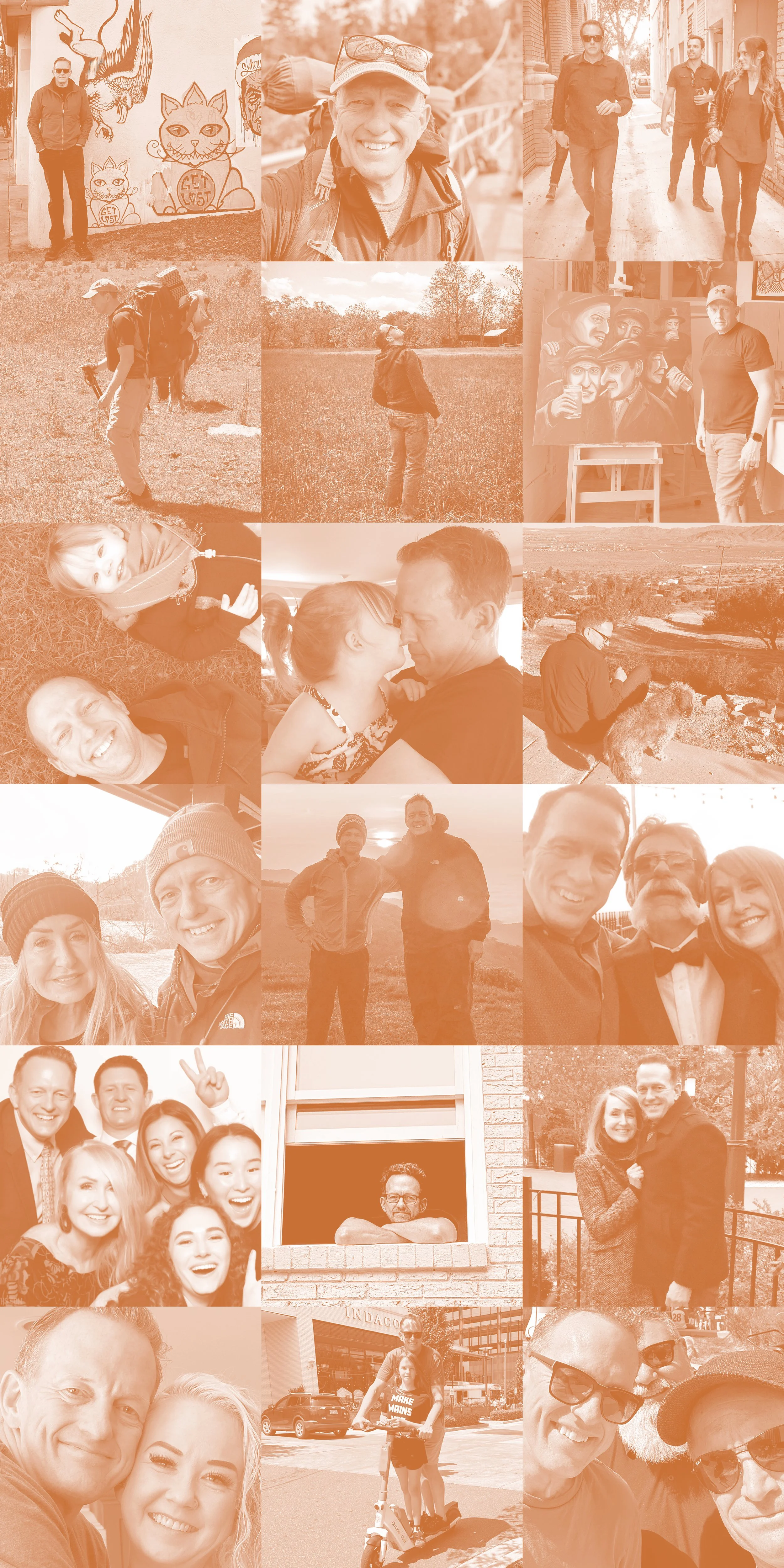 A collage of people engaging in outdoor activities, socializing, and celebrating special moments, including hiking, family gatherings, and friends taking selfies.