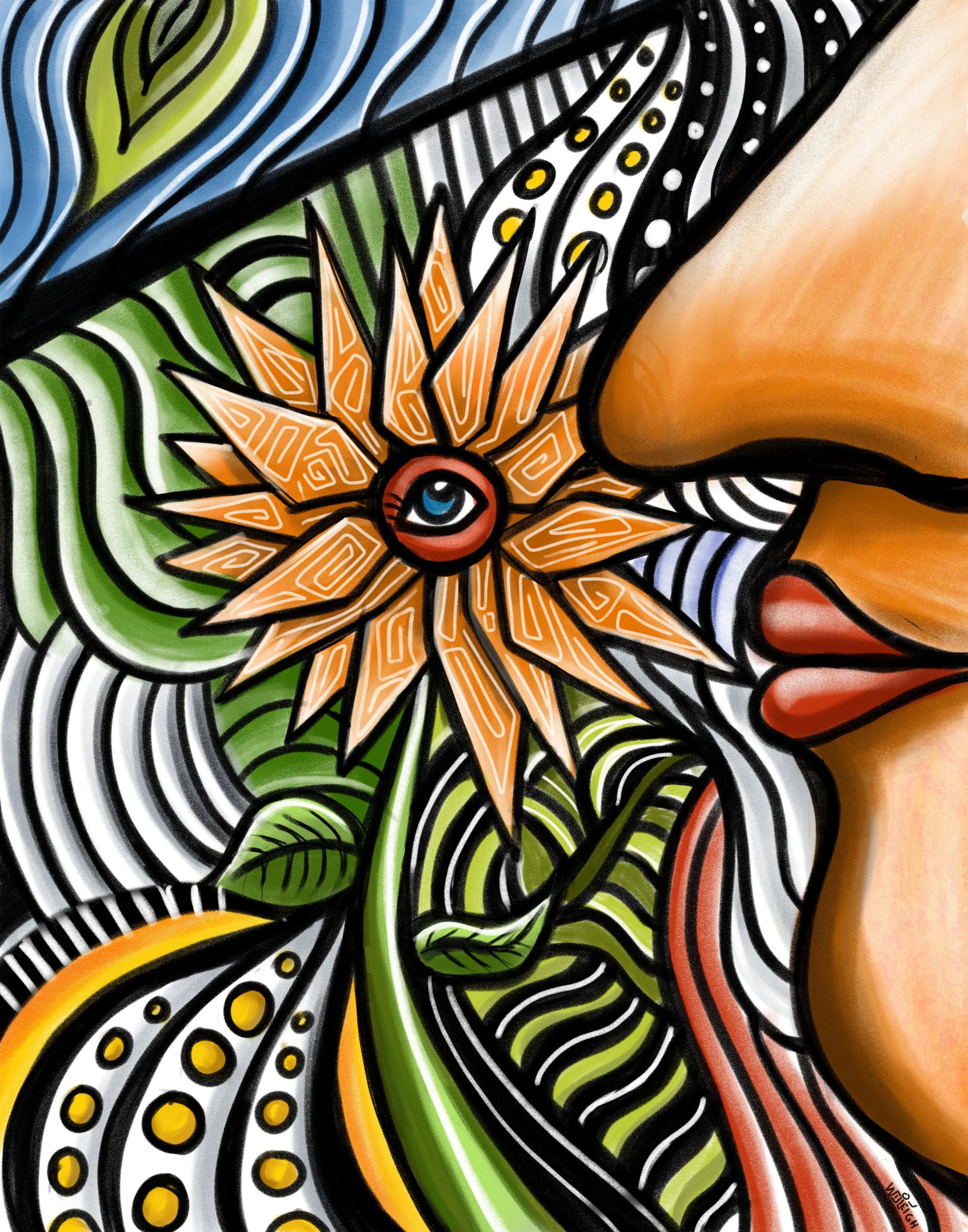 Abstract colorful painting featuring black and white swirling lines, green leaves, orange geometric patterns, and a blue eye at the center of an orange flower.