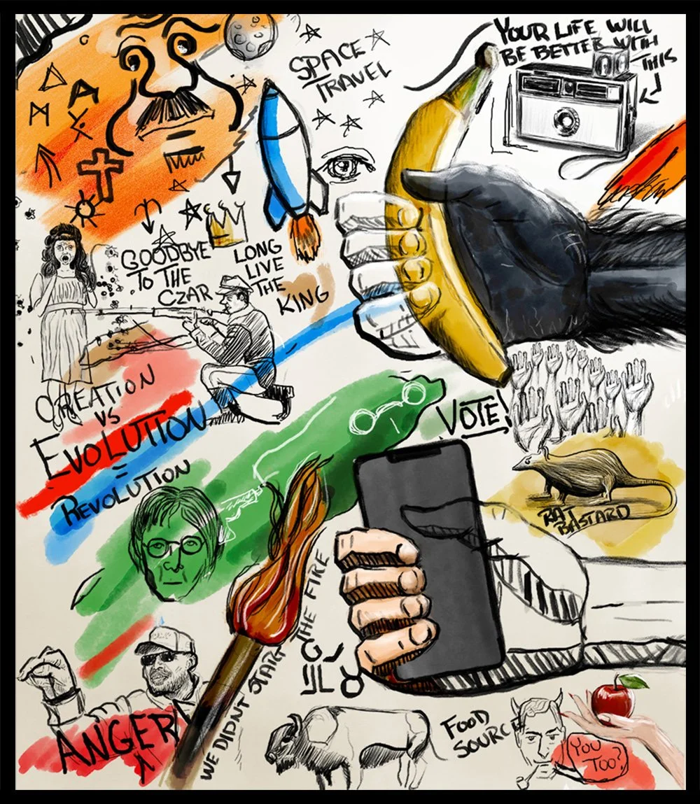 A colorful collage of sketches and paintings illustrating themes of space travel, revolution, politics, and culture. Elements include a rocket, a banana, a boombox, hands reaching up, a canoe, a caw bird, a face with glasses, a flame, a cow, and an a