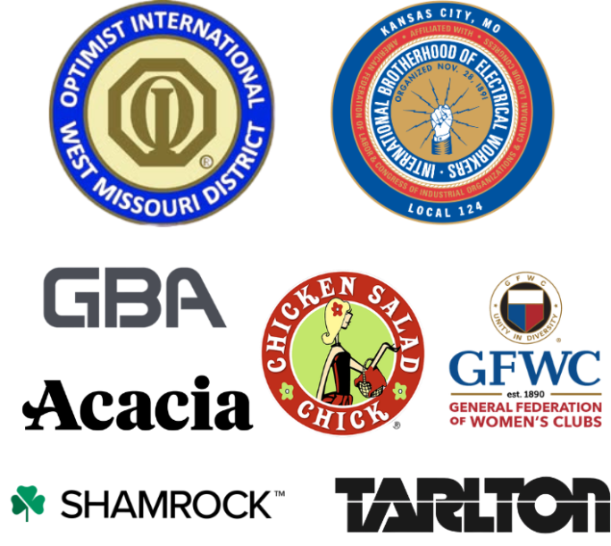 Collage of food and labor organization logos, including GBA, Chicken Salad Chick, GFWC, and EarthShare alongside two vintage union emblems.