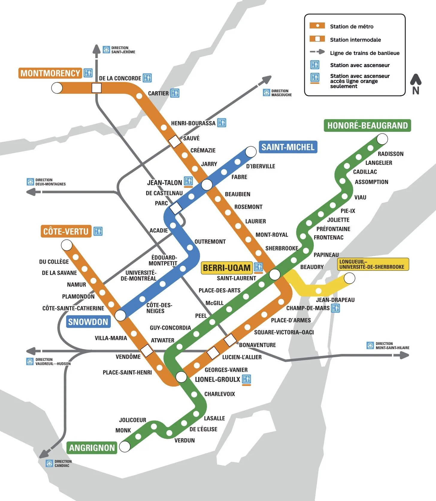 Map of Montreal's metro system showing various lines and stations, including figures indicating stations with elevators, escalators, and transfer points.
