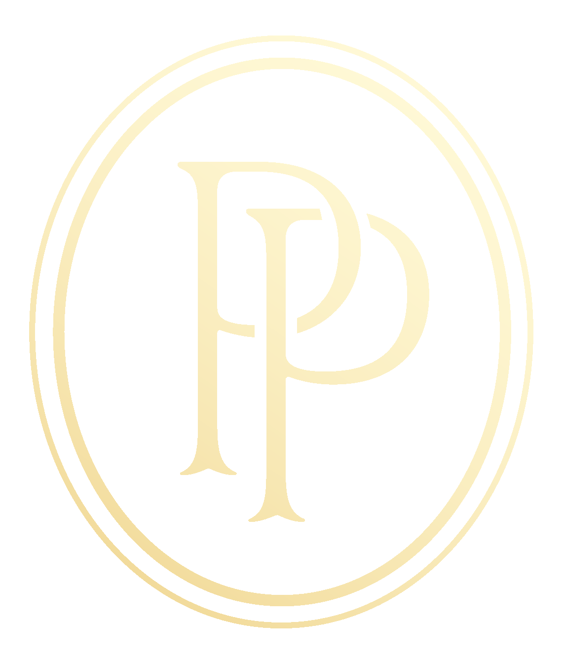 A black oval logo with a cream-colored letter 'P' and 'D' intertwined inside.