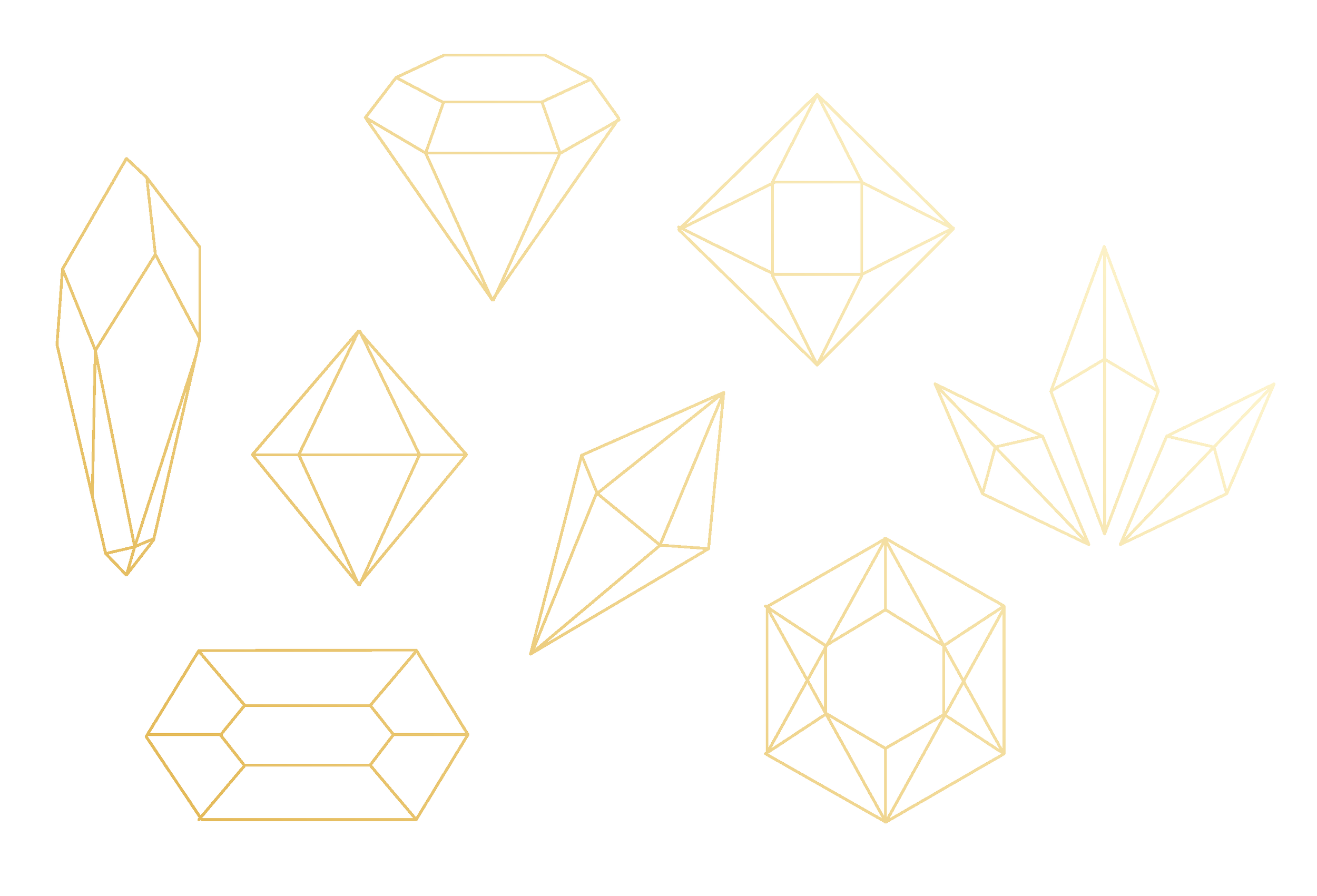 Multiple geometric line drawings of diamonds and crystals on a black background.