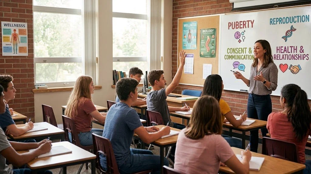 A classroom with students seated at desks and a teacher at the front, engaging students in a discussion about puberty, reproduction, and health on a whiteboard.