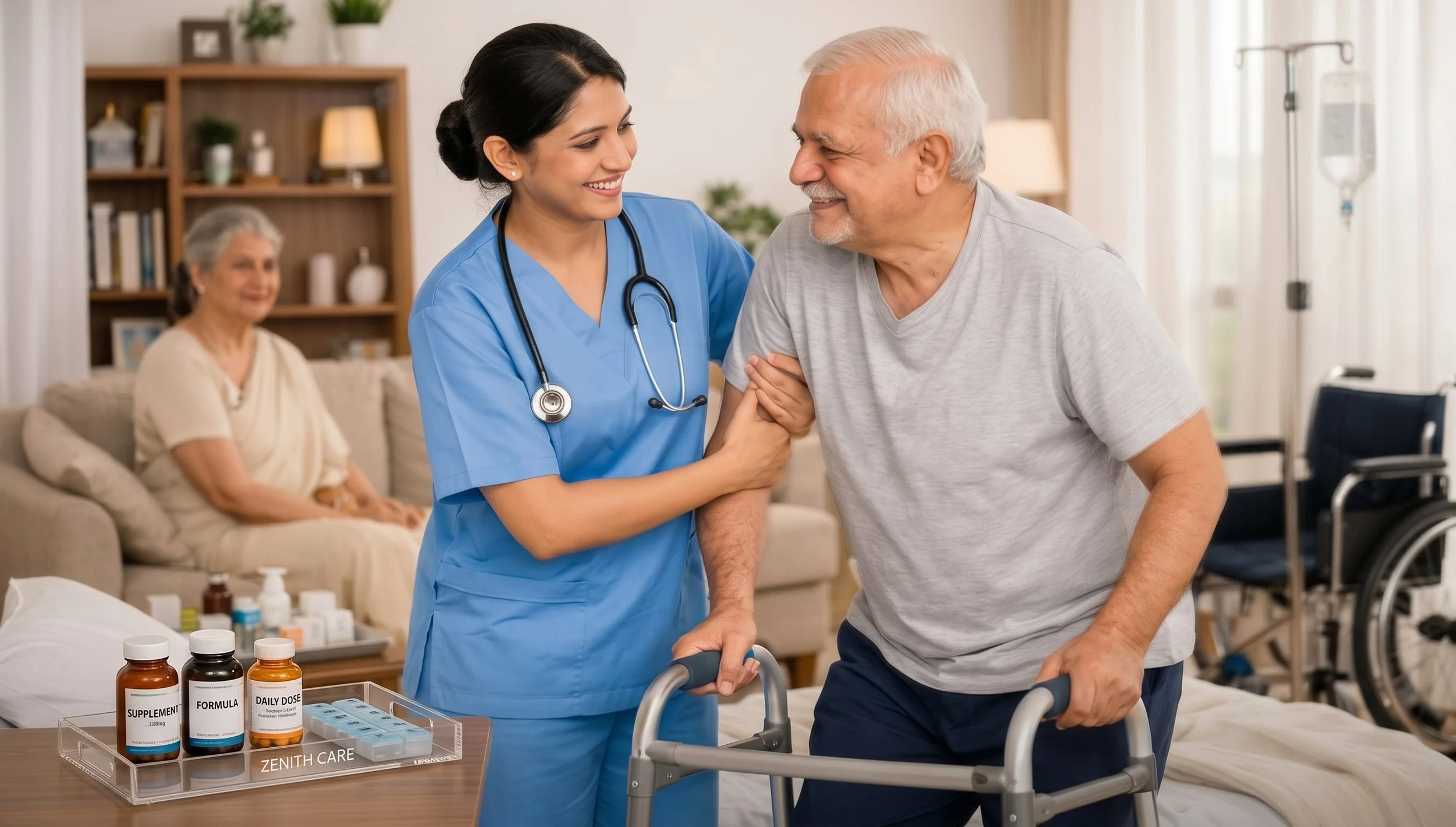 A nurse in blue scrubs and a stethoscope helping an elderly man walk with a walker in a care facility room. A woman in beige sits on a sofa in the background. Medical bottles and medication are on a table in the foreground.
