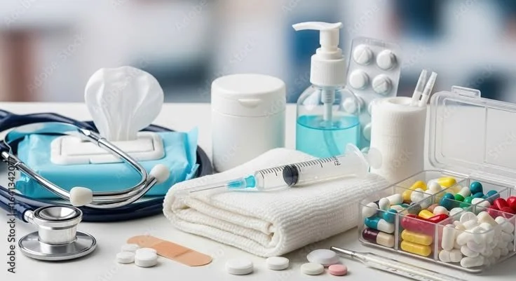 Medical supplies including a stethoscope, tissues, pill bottle, hand sanitizer, blister packs of pills, a rolled bandage, syringe, towels, and a plastic container of assorted pills.