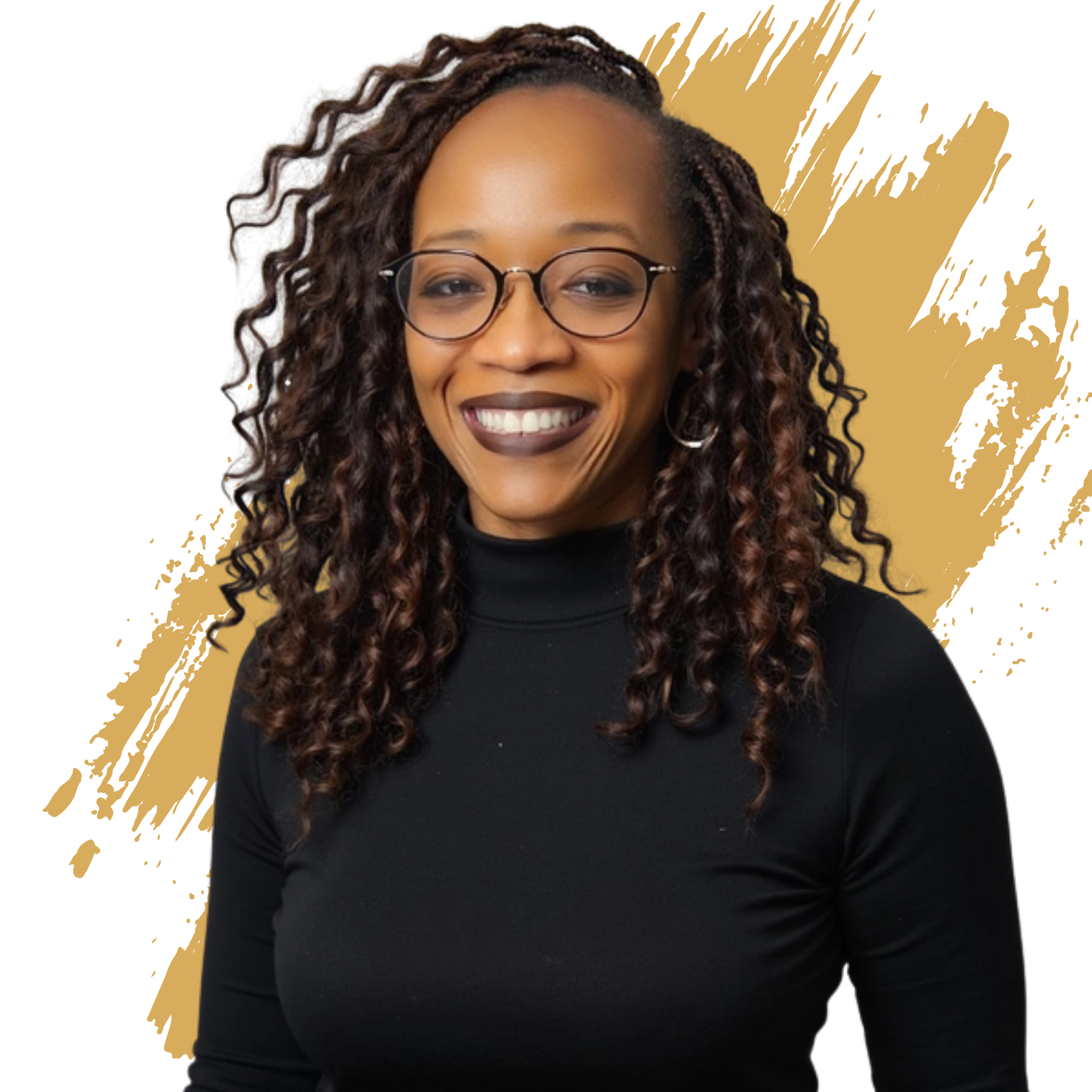A woman with curly hair, wearing glasses and a black top, smiling against a yellow background.