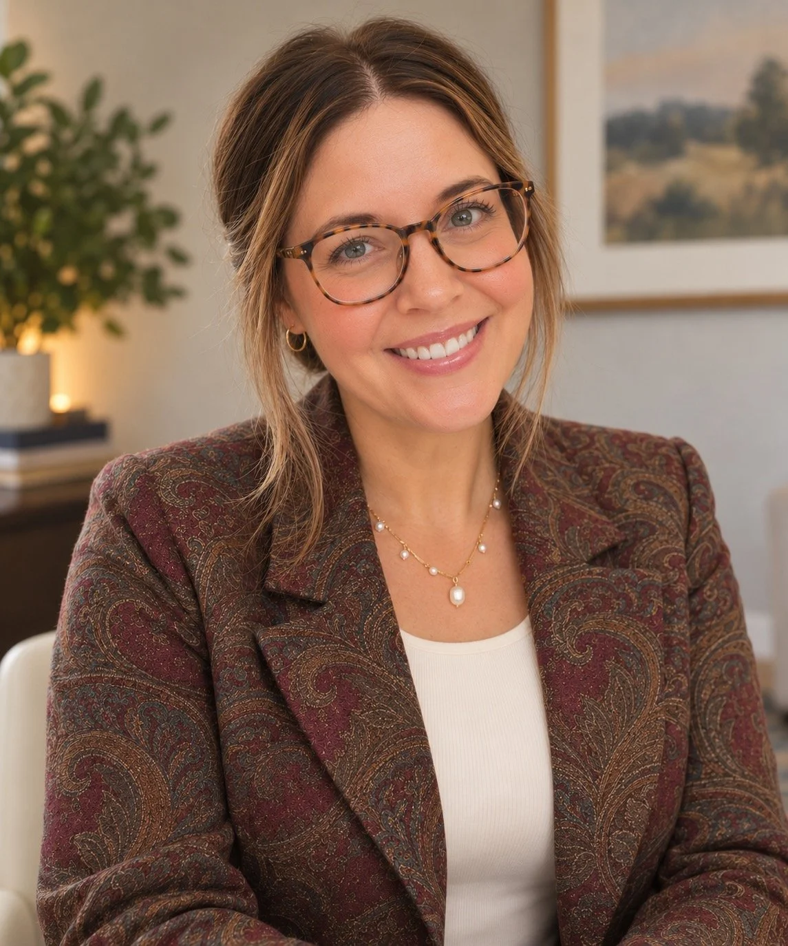 A smiling woman with glasses and shoulder-length hair in an office setting, wearing a patterned blazer and a pearl necklace.