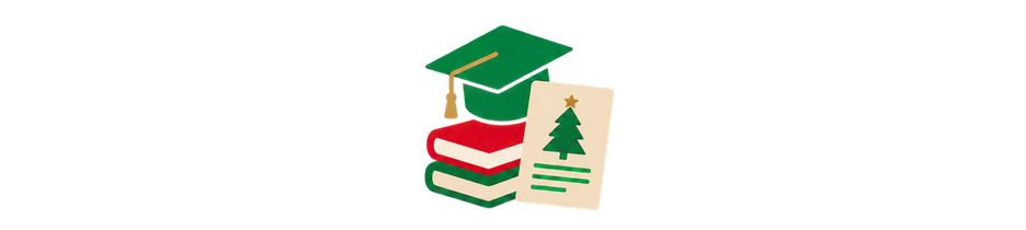 Stack of red and green books with a green graduation cap on top, and a card with a Christmas tree and gold star leaning against the books.