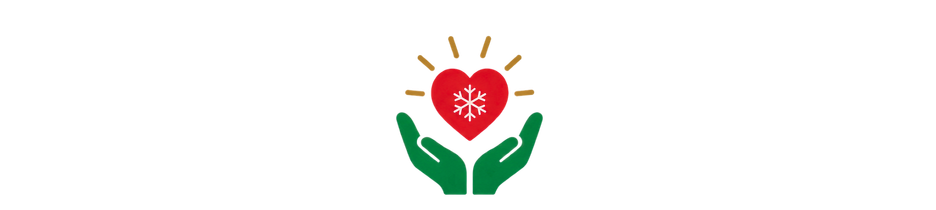 Illustration of two green hands gently holding a red heart with a snowflake inside, surrounded by radiating lines.