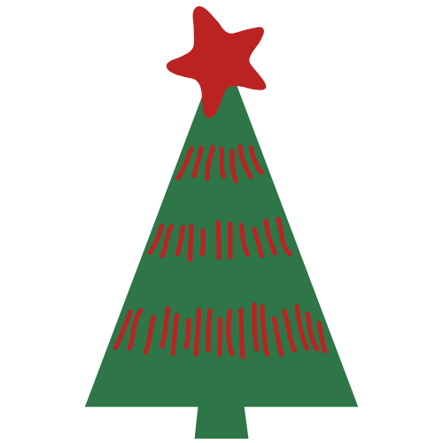 Cartoon Christmas tree with a red star on top and red decorations.