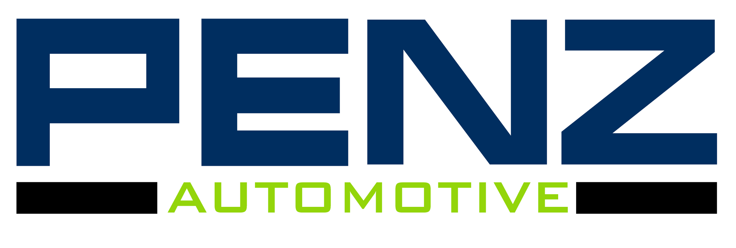 Penzz Automotive logo with bold blue uppercase letters and green lowercase word 'Automotive' beneath.