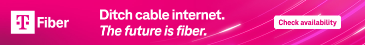 Pink T-Mobile advertisement promoting fiber internet with the slogan 'Ditch cable internet. The future is fiber.' and a 'Check availability' button.
