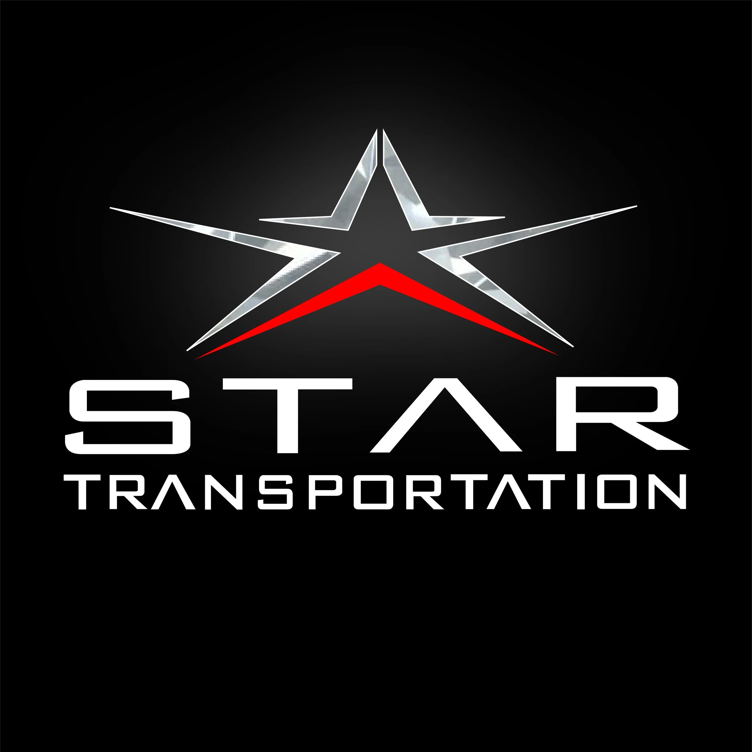 Stylized silver star with red and white accents on a black background, with the word "START" and "TRANSPORTATION" in white text below.