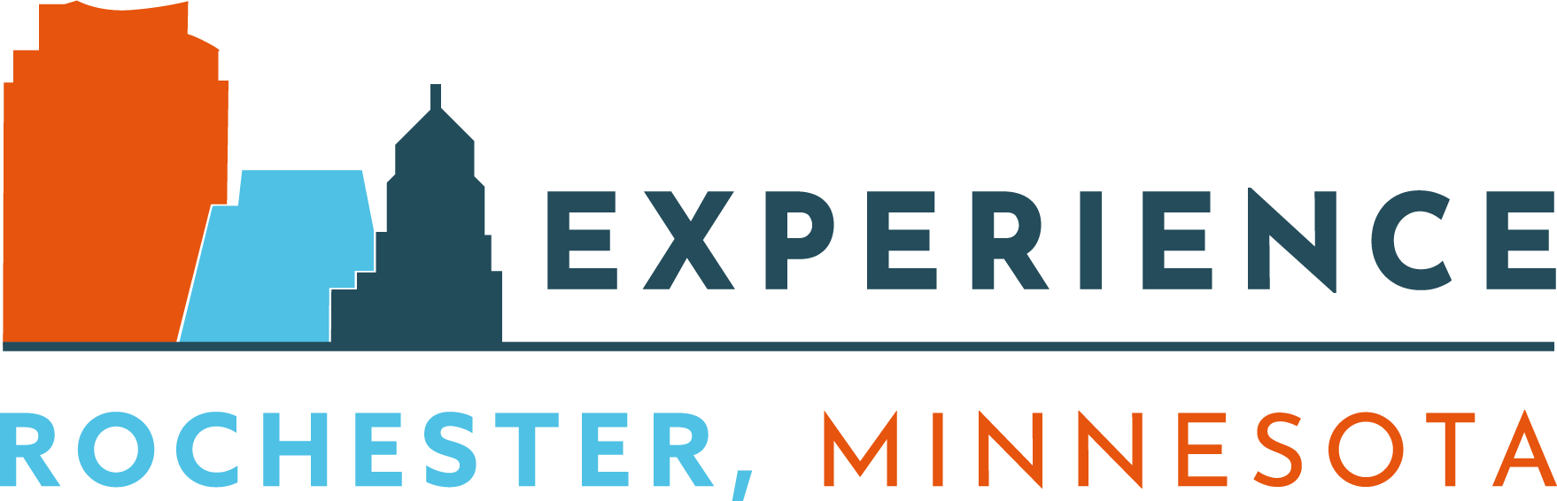 Logo for experience Rochester, Minnesota. Contains stylized city buildings in orange and blue with the text 'Experience Rochester, Minnesota'.