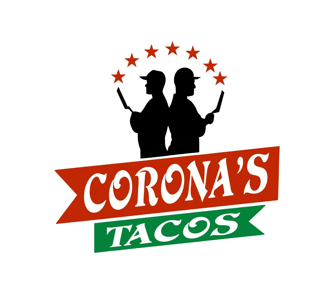 Logo for Corona's Tacos featuring silhouettes of two men in profile holding knives, with red stars above and a banner below reading "Corona's Tacos" in red and green.