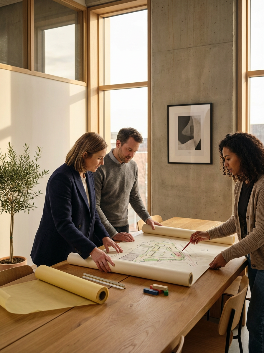 Three architects or designers reviewing and discussing a large site plan or blueprint spread out on a wooden table in a modern, well-lit office with large windows.