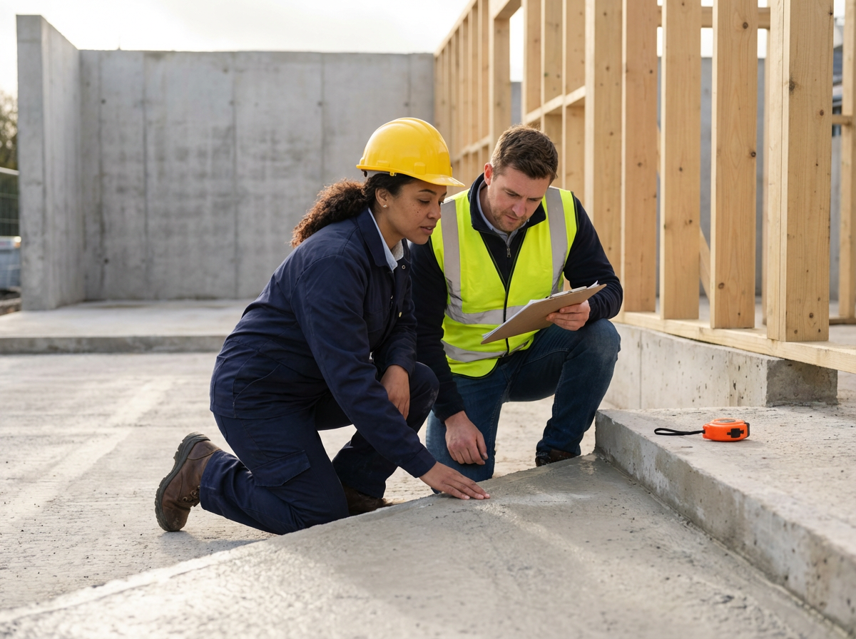 Two construction workers, a woman wearing a yellow safety helmet and blue coveralls and a man wearing a safety vest and blue jacket, are kneeling on a concrete surface at a construction site. They appear to be inspecting or measuring the concrete, with the woman touching the surface and the man holding a clipboard. There is a tape measure on the ground nearby.