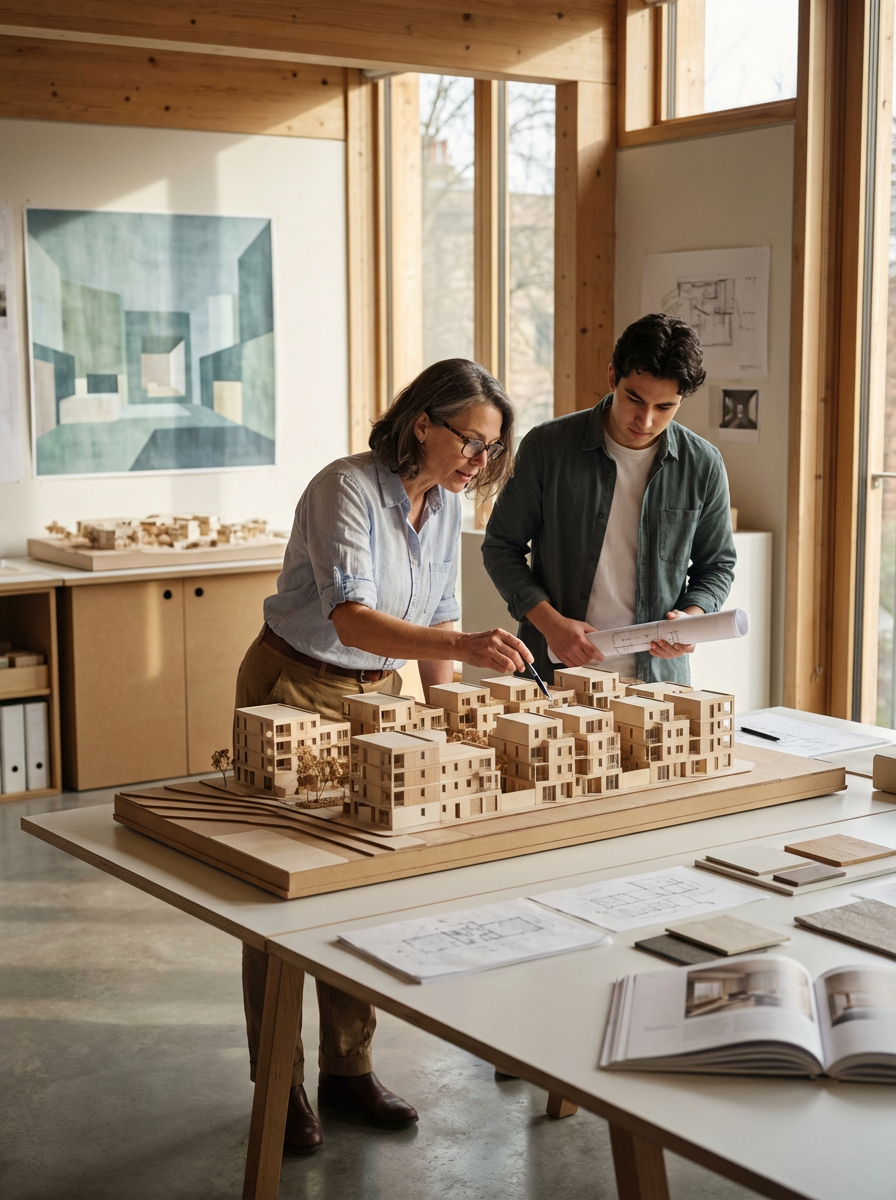 Two people, an older woman and a younger man, are discussing a detailed architectural model of a residential complex on a large table in a bright, modern design studio with wooden walls and large windows.