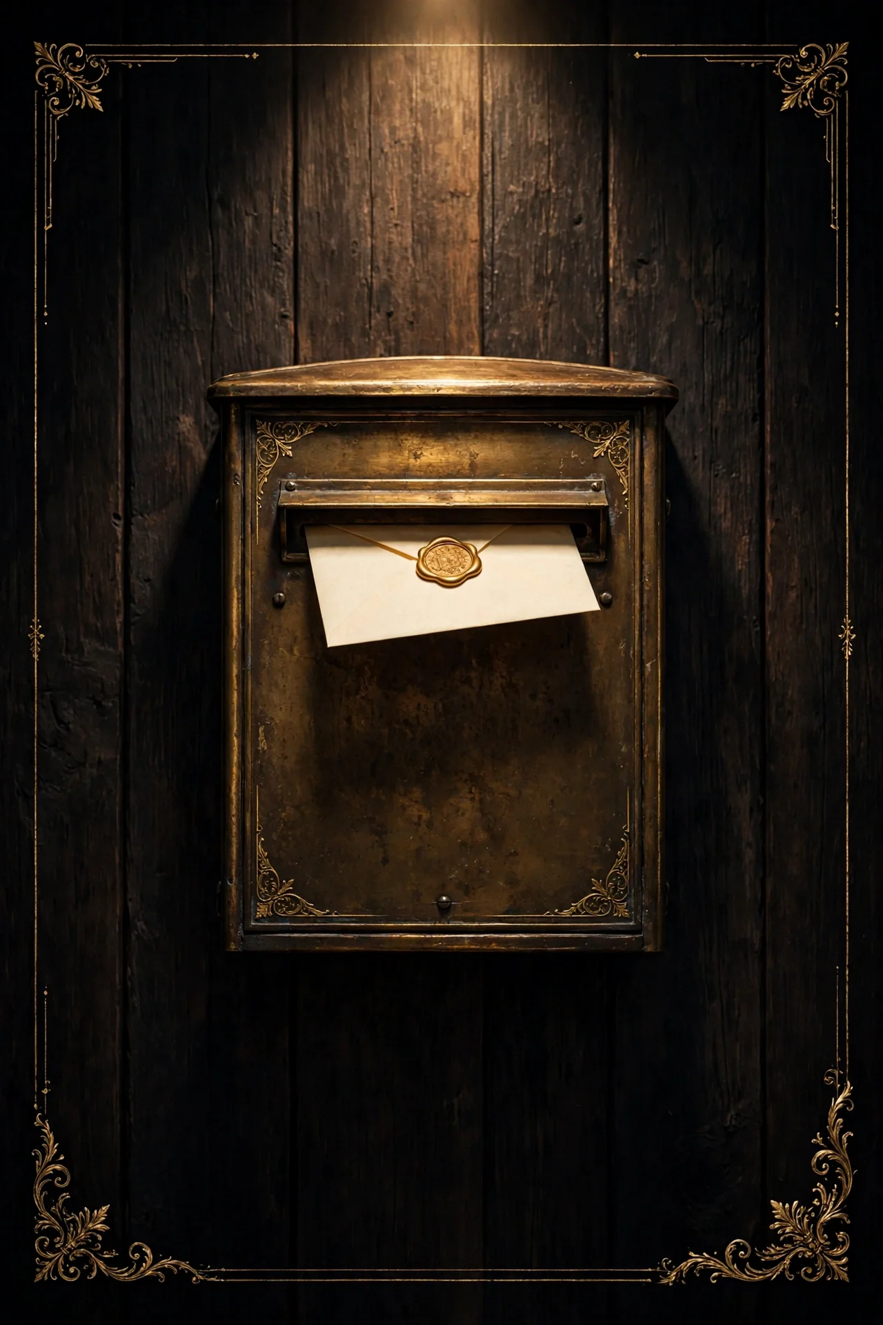 Brass letterbox with a wax seal.