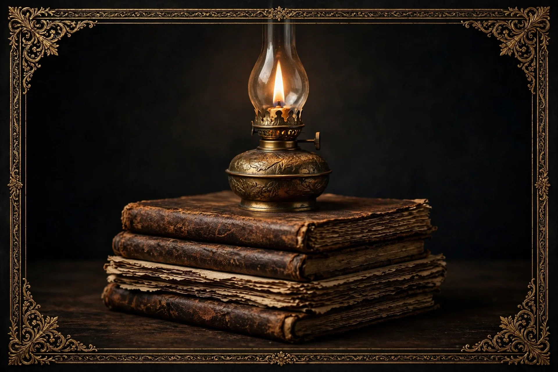 Vintage oil lamp with glowing flame on a leather-bound book in an ornate gold frame