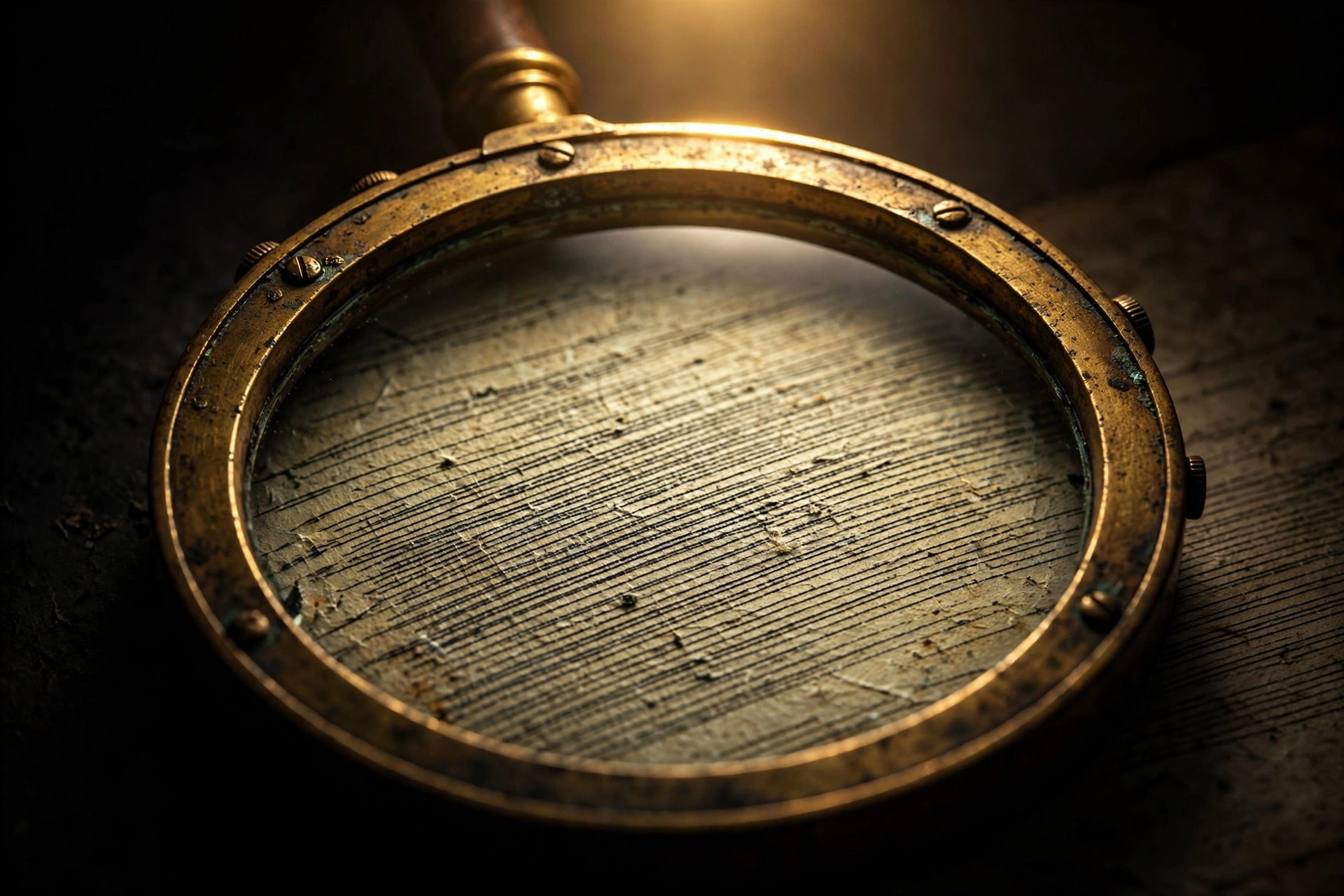 Close-up of a vintage brass and glass monocle lens resting on a wooden surface.