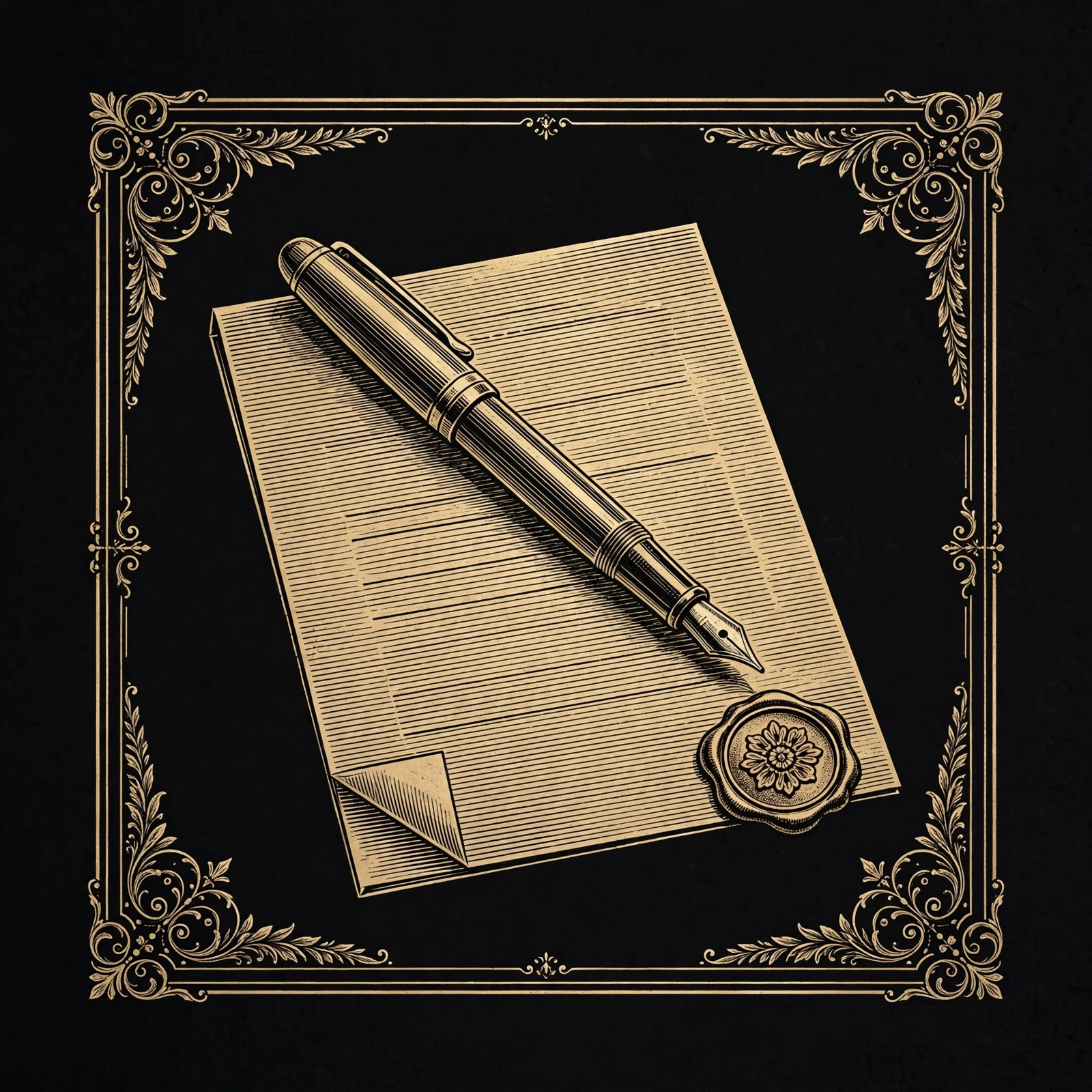 Illustration of a fountain pen resting on a sealed letter with a decorative wax seal, surrounded by an ornate border.
