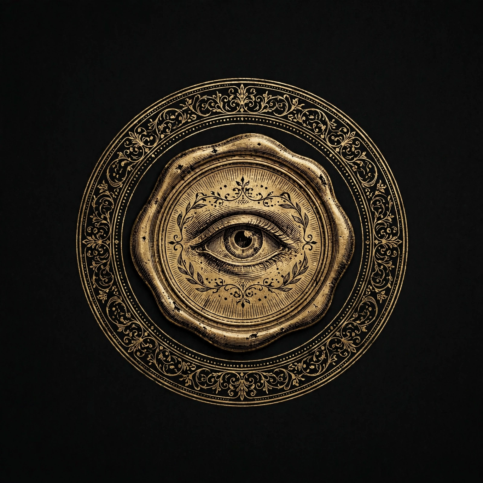 A black background with a gold illustration of an eye surrounded by ornate decorative patterns.