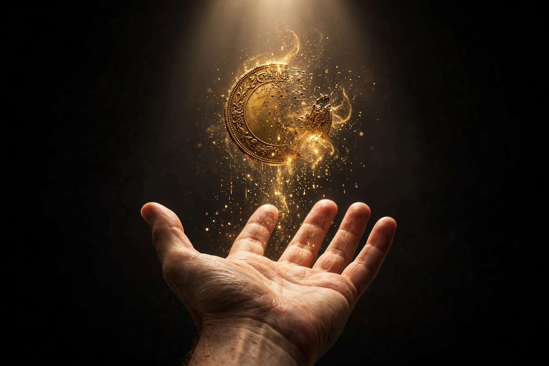 Open hand, palm up, with a golden coin dissolving into sparks above it on a dark background