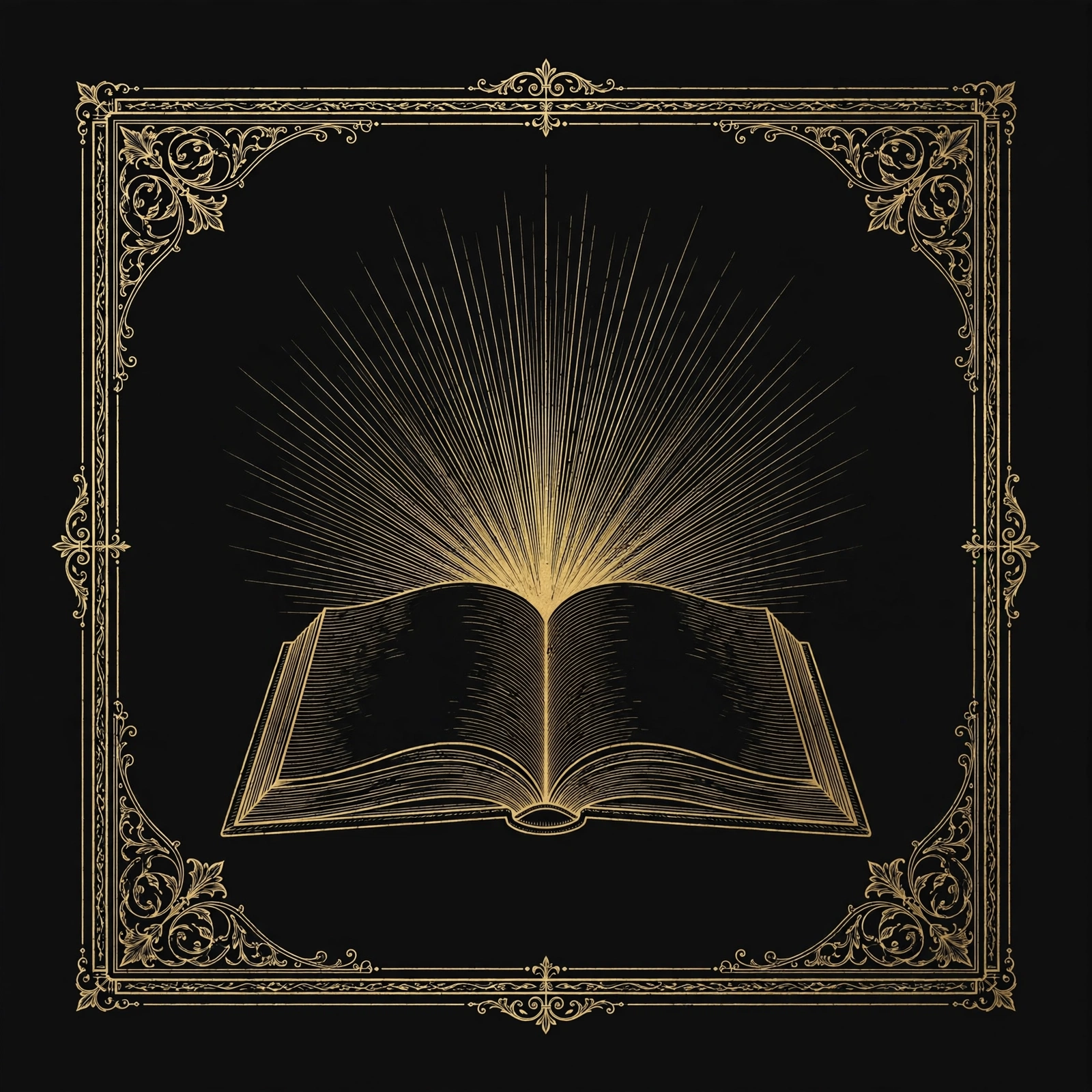 An ornate gold-trimmed illustration of an open book with rays emanating from it against a black background.