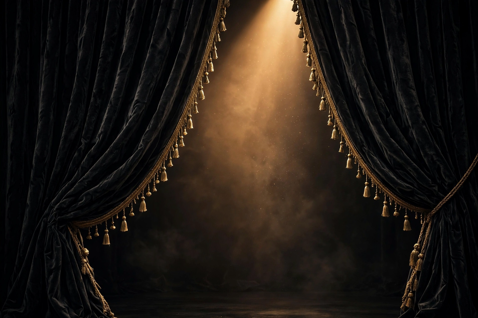 Dark velvet stage curtains with gold tassels, spotlight shining on a dark stage