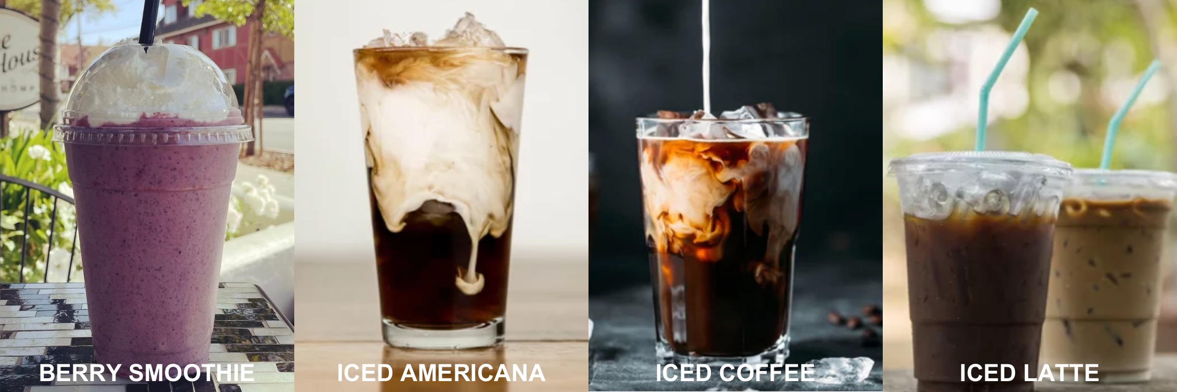 Four iced beverages labeled berry smoothie, iced Americano, iced coffee, and iced latte.
