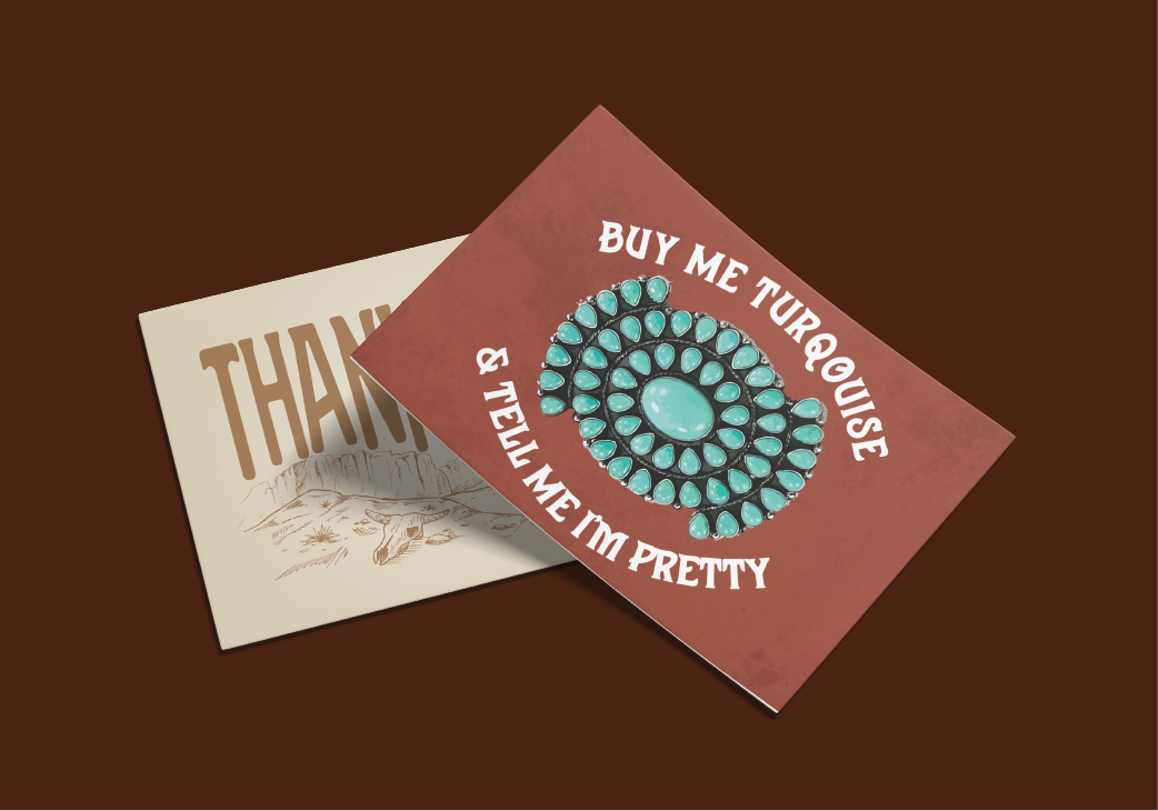 Two vintage-style art prints, including a turquoise oval gemstone design with the text “Buy Me Turquoise & Tell Me I’m Pretty.”