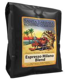 Santa Barbara Roasting Company Espresso Milano Blend coffee bag with illustrated tropical beach label