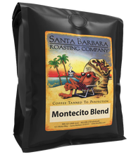 Santa Barbara Roasting Company Montecito Blend whole bean coffee bag with tropical palm tree and beach artwork