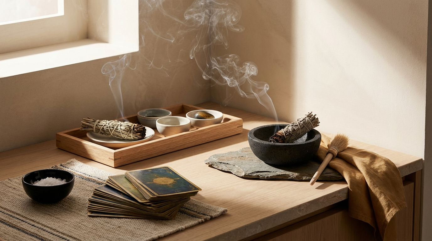 A wooden table with a black stone bowl containing a bundle of sage tied with string, emitting smoke. Next to it is a cloth and a small broom. To the left on the table, there are tarot cards stacked on a woven cloth, a small black bowl with salt, and a wooden tray with ash and small bowls, some containing herbs or spices. Sunlight comes through a nearby window.