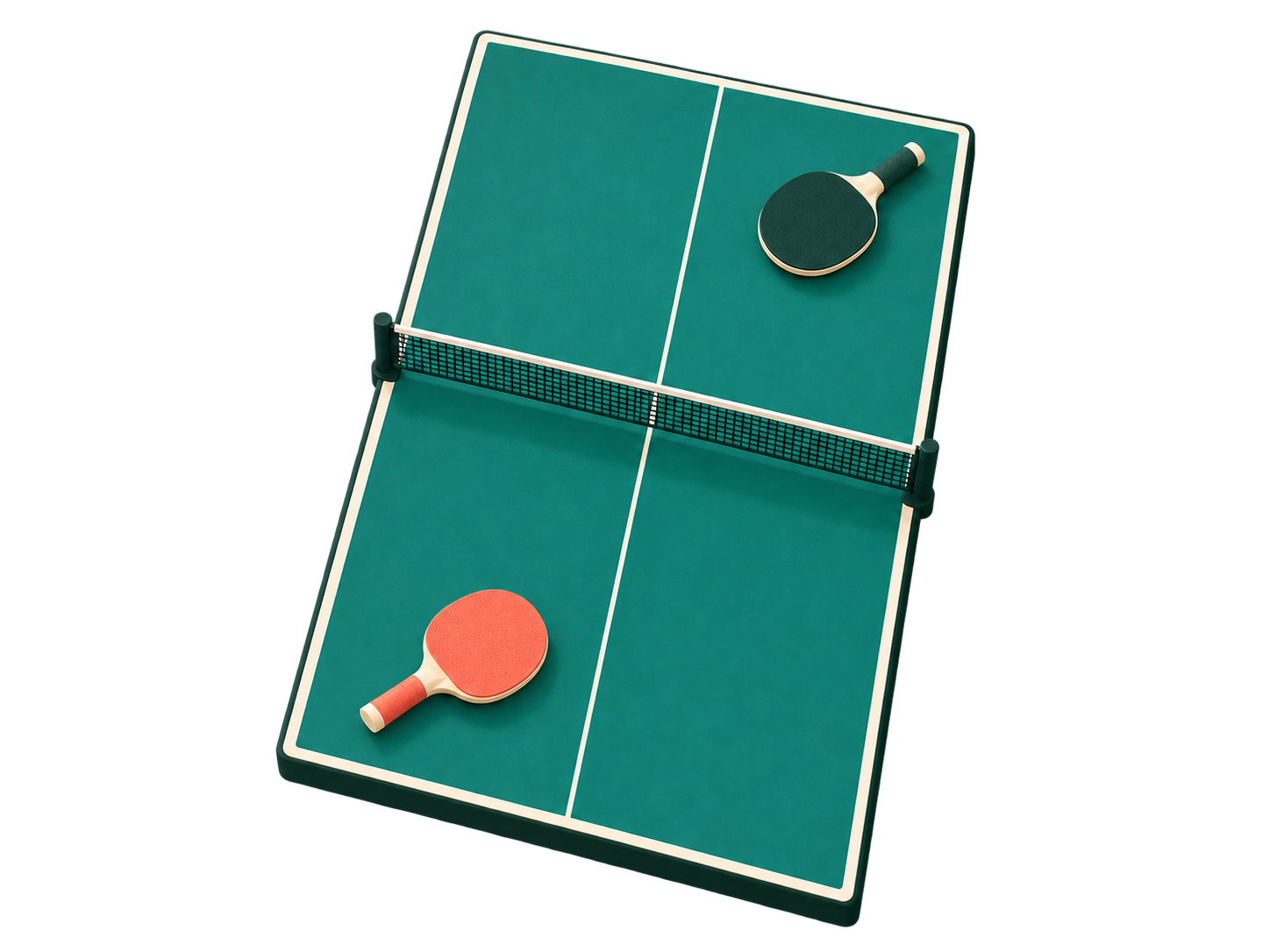 A teal table-tennis table with a net and two paddles