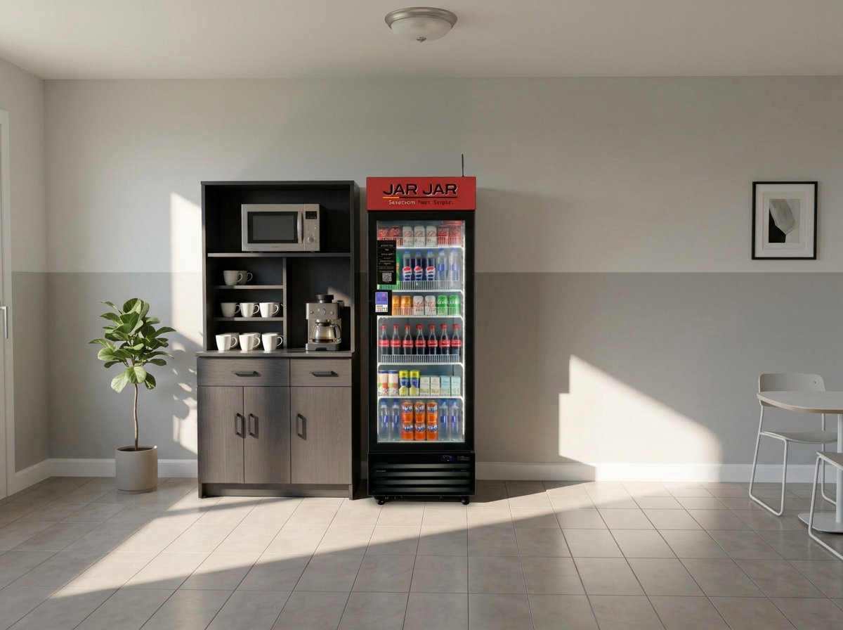 A microwave, coffee maker, and cups on a black wooden cabinet with a gray finish, next to a red beverage refrigerator, in a minimalist room with tiled floor, a potted plant, and a wall with framed artwork.