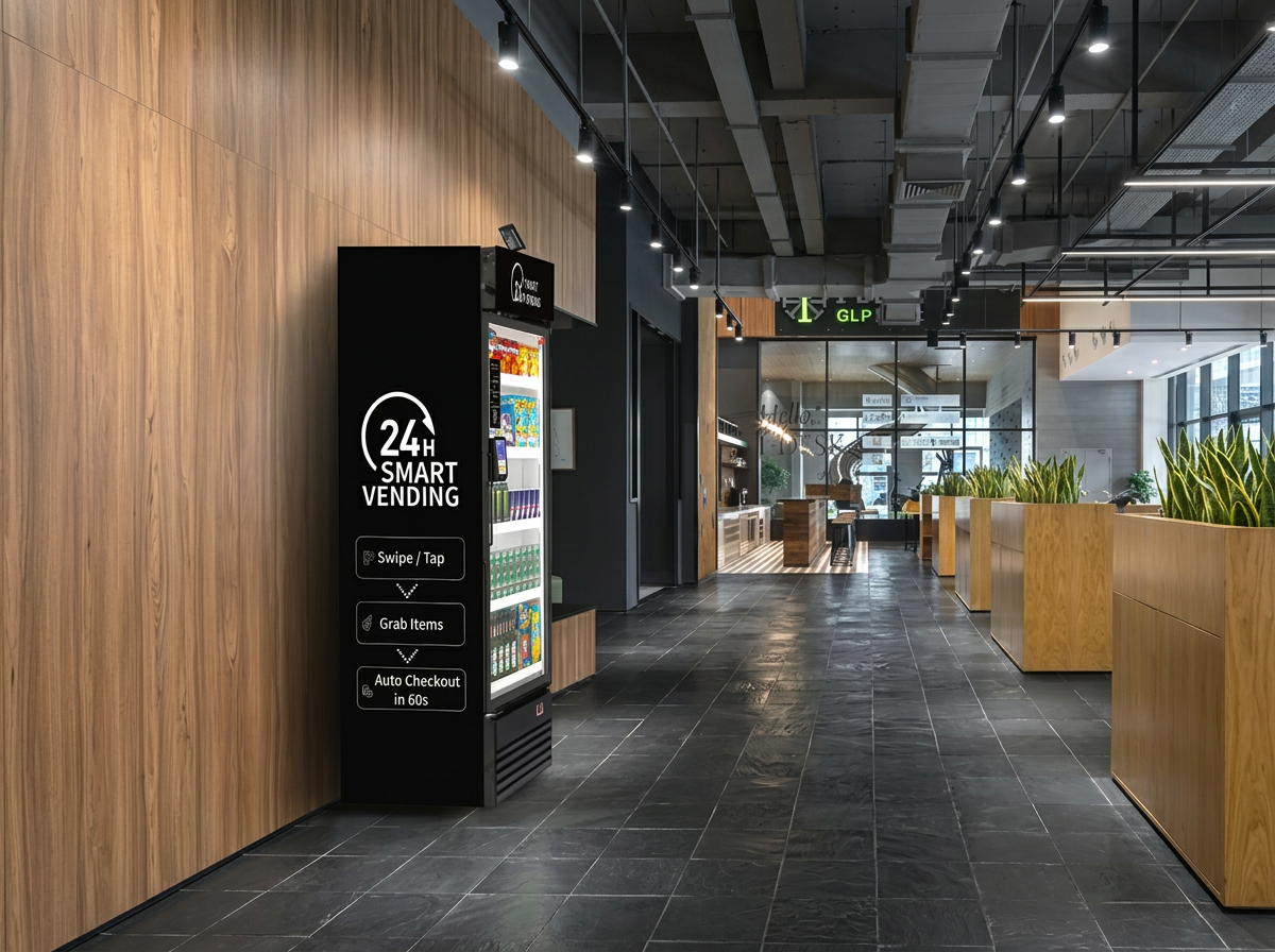 Empty modern lobby or waiting area with vending machine on the left, wooden planters on the right, and glass-fronted rooms or offices in the background.