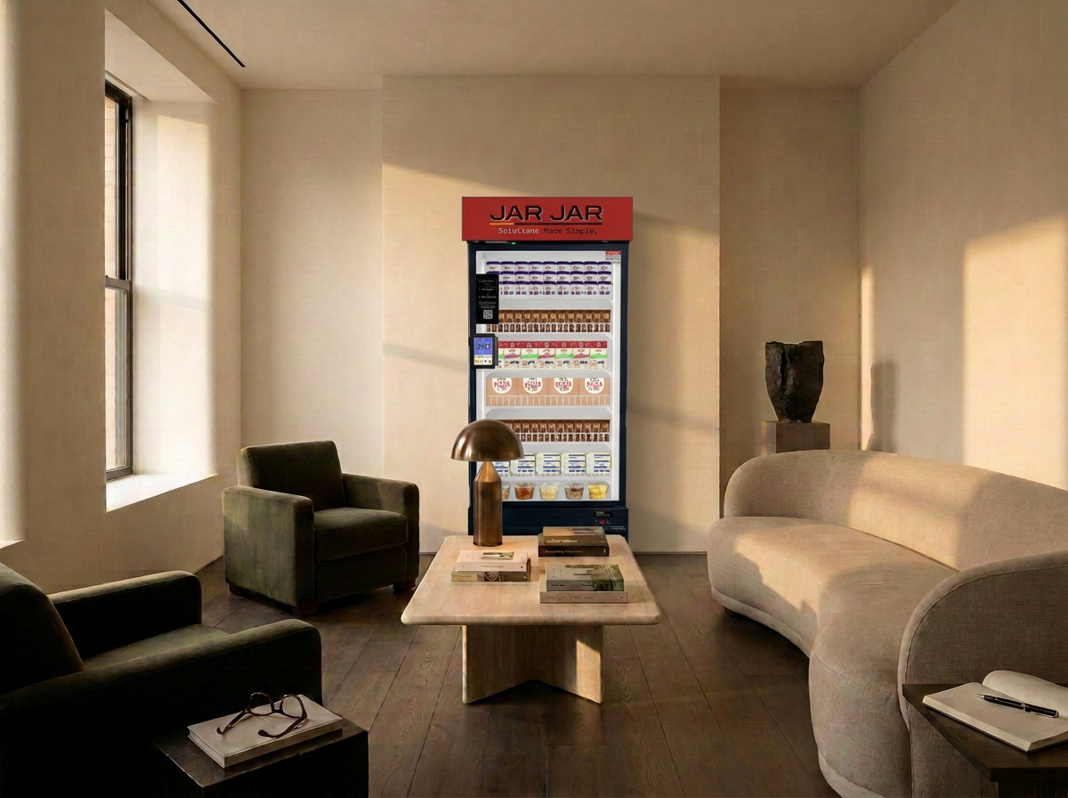 An indoor lounge with beige walls, dark wood flooring, and natural light from windows. There's a small coffee table with books and a lamp. Adjacent are two armchairs and a curved sofa. A vending machine labeled "JAR JAR" is in the corner, with a sculpture on a pedestal beside it.