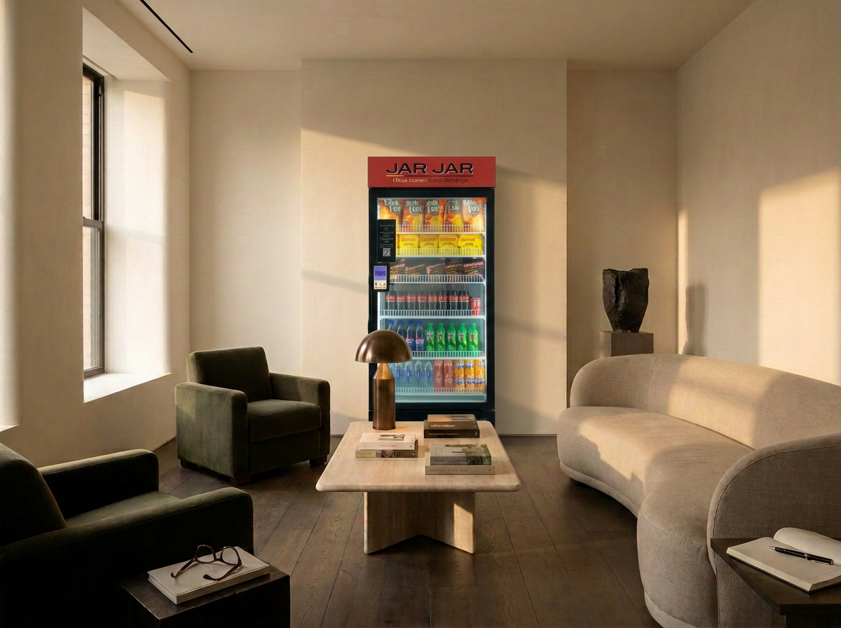 A lounge area with large windows, two dark green armchairs, a beige curved sofa, a cream-colored coffee table with books and a table lamp, a vending machine labeled 'JAR JAR' with snacks and drinks, and a sculpture on a pedestal, all in a well-lit room.