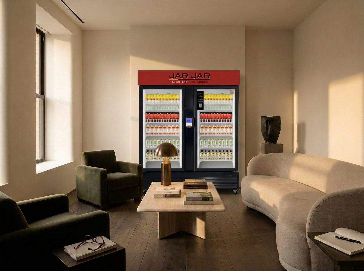 A modern lobby with three chairs, a coffee table with books, and a vending machine called JAR JAR filled with colorful bottles, illuminated by natural light from three windows.