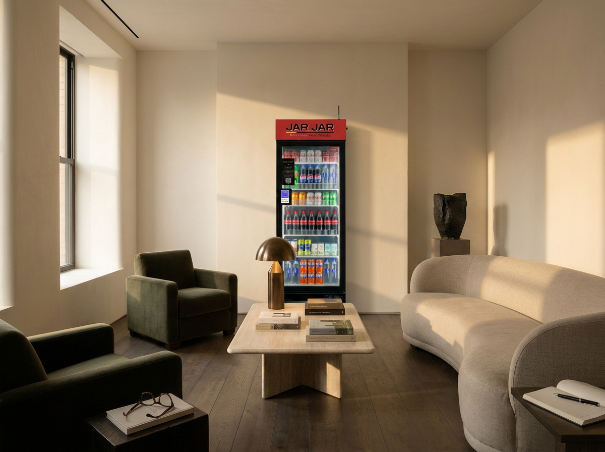Modern living room with beige walls, wooden floor, two green armchairs, a curved beige sofa, a coffee table with books and a lamp, a vending machine stocked with beverages, a large window, and a decorative sculpture on a pedestal.