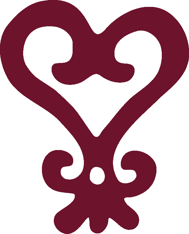 A stylized maroon heart with ornate, swirling design elements. Inspired by sankofa symbol