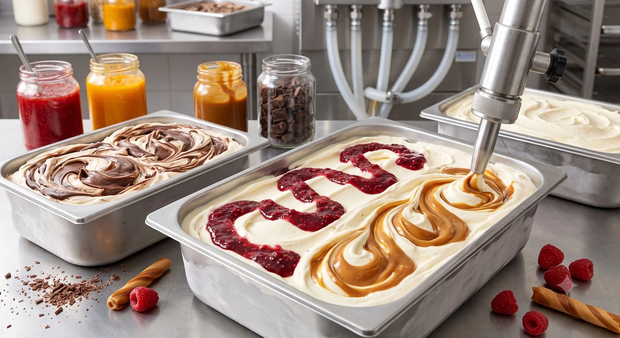 Ice cream in metal trays being decorated with caramel, raspberry, and chocolate sauce with a piping gun, in a commercial kitchen with jars of toppings and ingredients in the background.