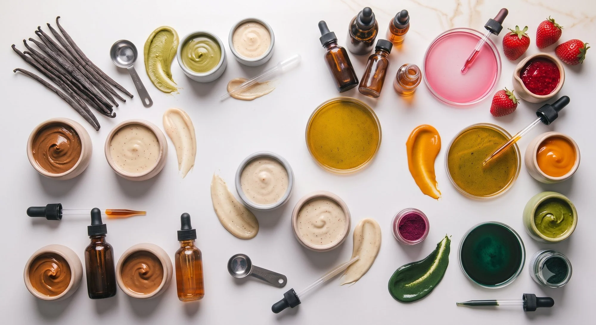 Various skincare and cosmetic products including creams, serums, oils, and natural ingredients like strawberries, cucumber, and a green vegetable, arranged on a white surface.