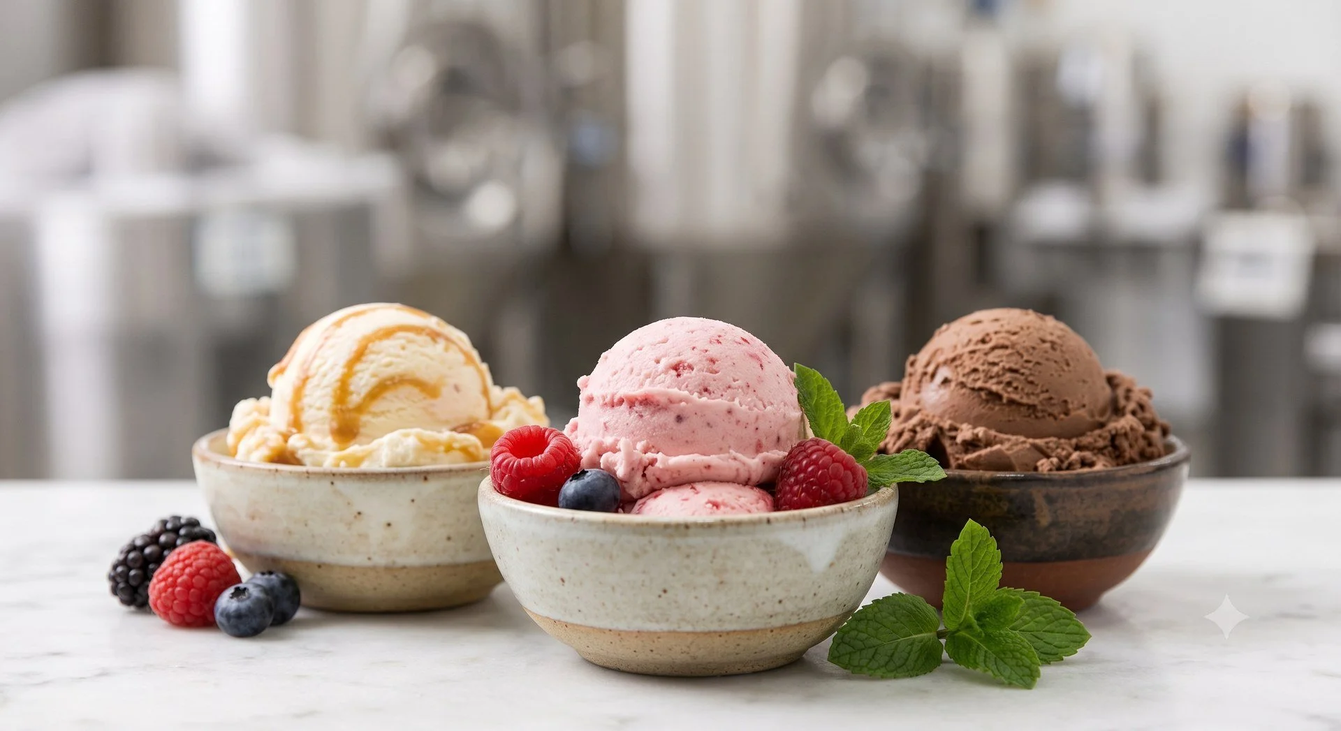 Three bowls of ice cream with various flavors and toppings, placed on a white surface, with fresh berries and green mint leaves.