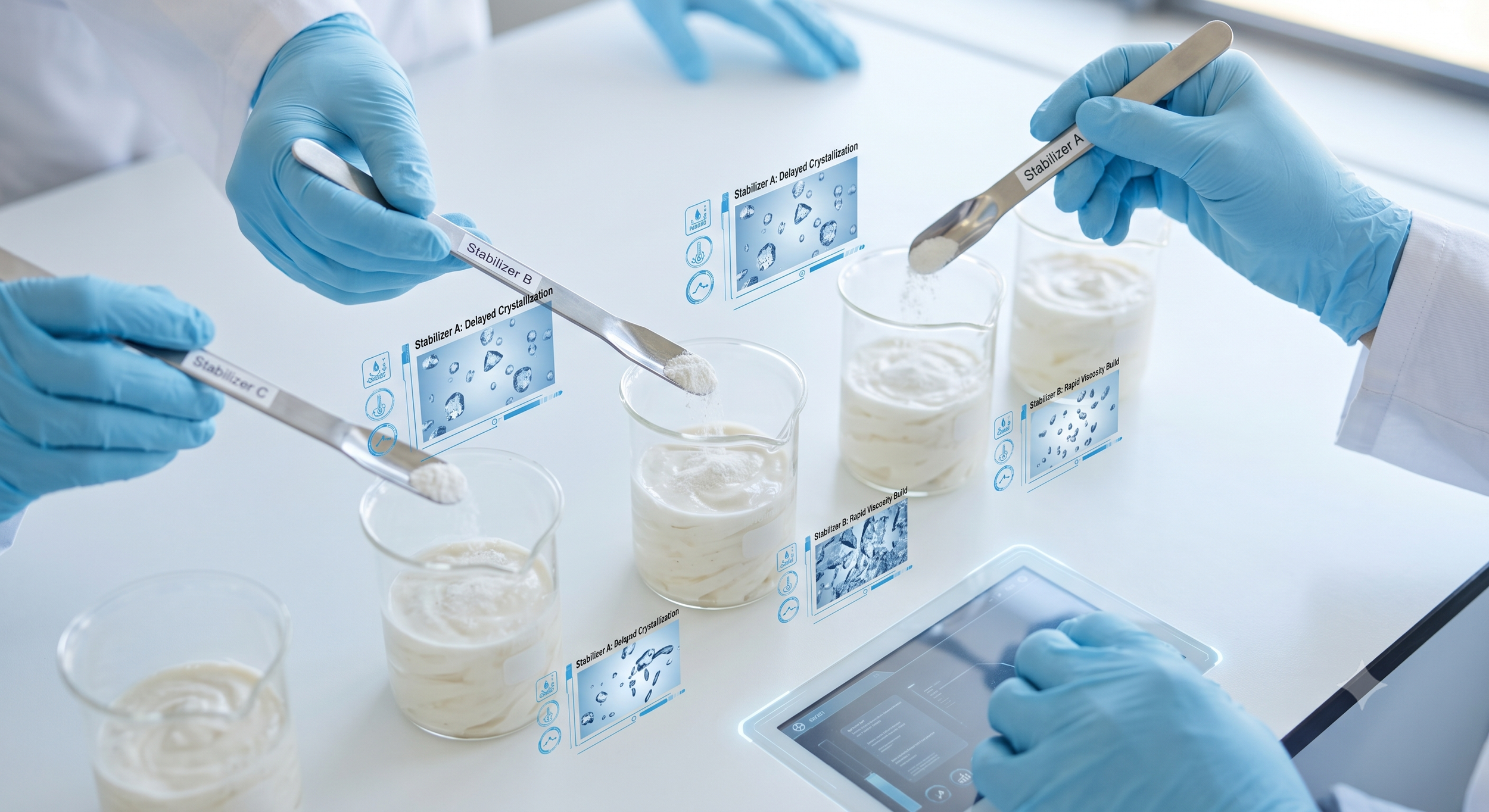 Scientists wearing blue gloves conducting a crystallization experiment with multiple glass beakers containing creamy liquid, using metal spatulas labeled 'Stabilizer A' and 'Stabilizer B' in a lab.