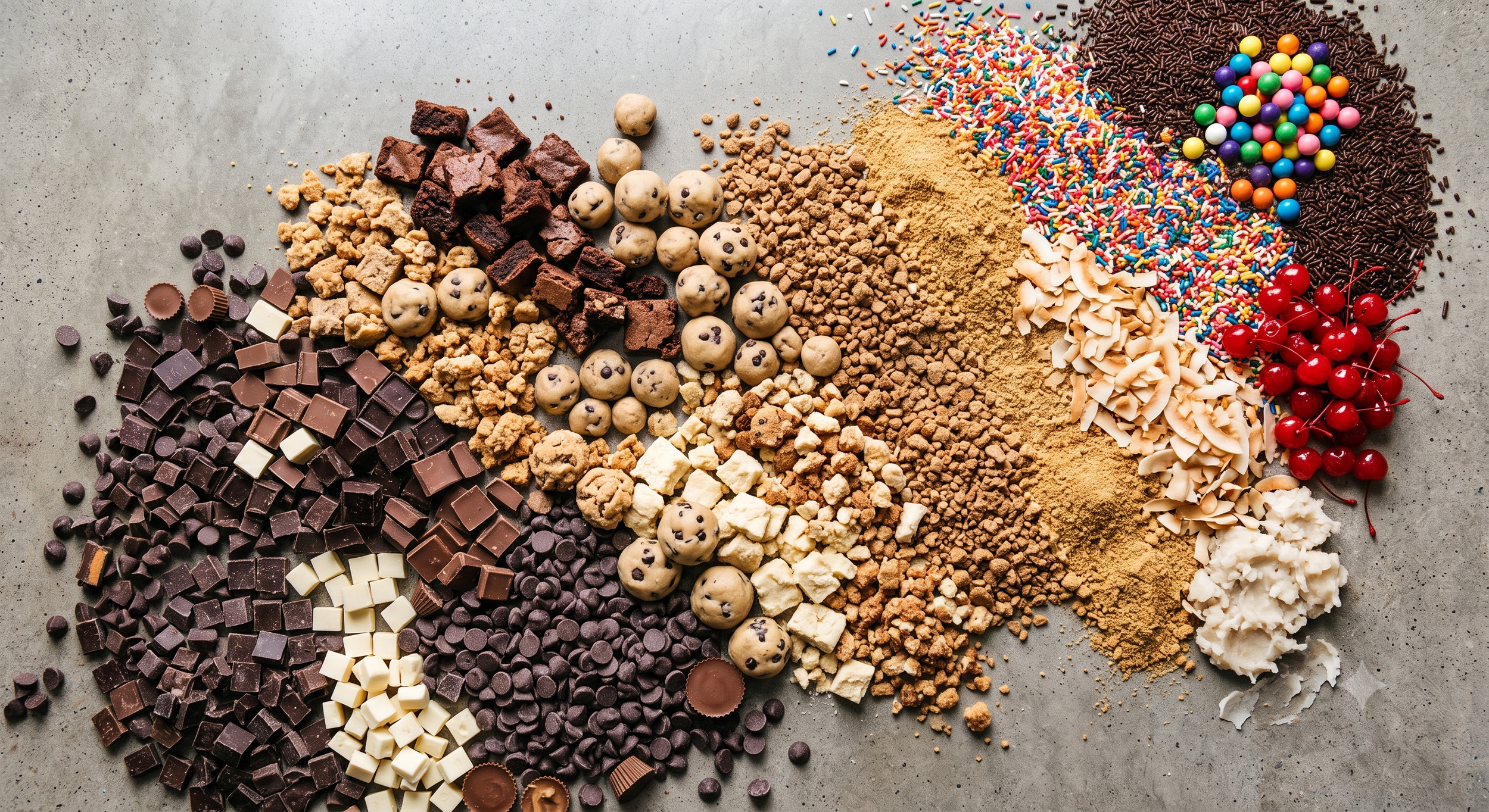 Assorted baking ingredients arranged on a gray surface, including chocolate chips, white chocolate chunks, cookie dough balls, crushed cookies, brown sugar, sprinkles, confetti candies, maraschino cherries, coconut flakes, and cocoa powder.